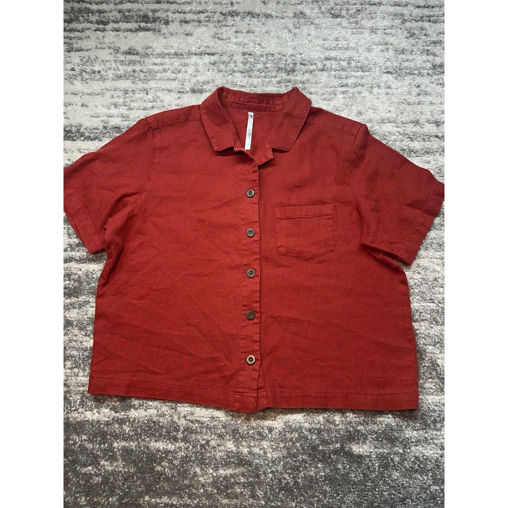 KUHL Button‎ Down Shirt Women Large Red Short Sleeve Hemp Cotton Boxy Top - Picture 2 of 10